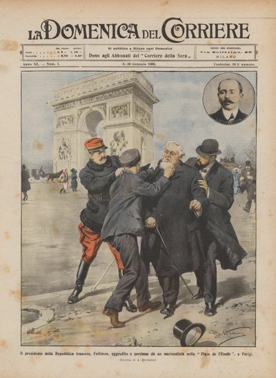 De president van de Franse Republiek, Fallières, aangevallen en geslagen door een nationalist door Achille Beltrame