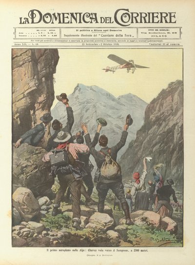 Het eerste vliegtuig over de Alpen, Chavez vliegt richting de Simplon, op 2500 meter door Achille Beltrame