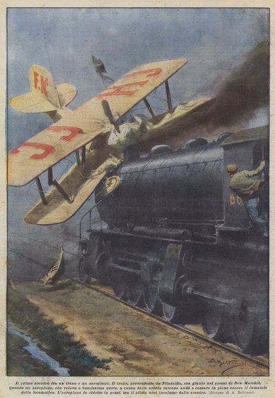 De eerste botsing tussen een trein en een vliegtuig door Achille Beltrame