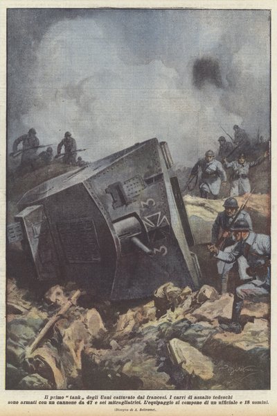 De eerste tank van de Hunnen, gevangen door de Fransen door Achille Beltrame