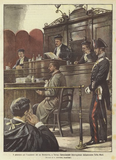 Het proces voor de moord op graaf Bonmartini, in Turijn, het emotionele verhoor van de moordenaar Tullio Murri door Achille Beltrame