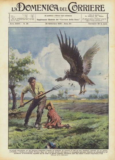 De snelle actie van een jonge boer gewapend met een drietand redde het leven van een meisje door Achille Beltrame