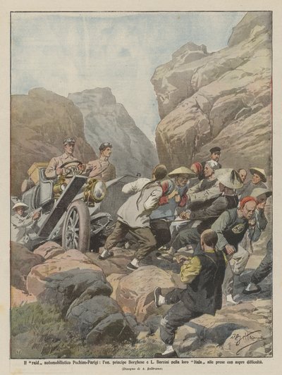 De autorit van Peking naar Parijs, prins Borghese en L. Barzini in hun Itala door Achille Beltrame