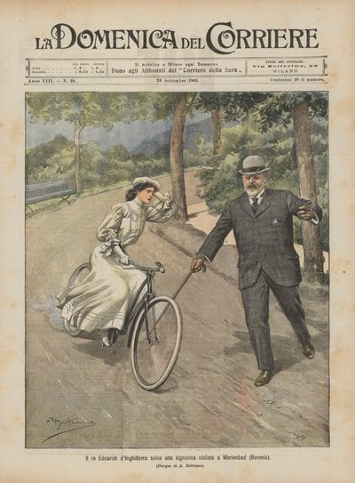 Koning Edward van Engeland redt een jonge fietsster in Marienbad (Bohemen) door Achille Beltrame
