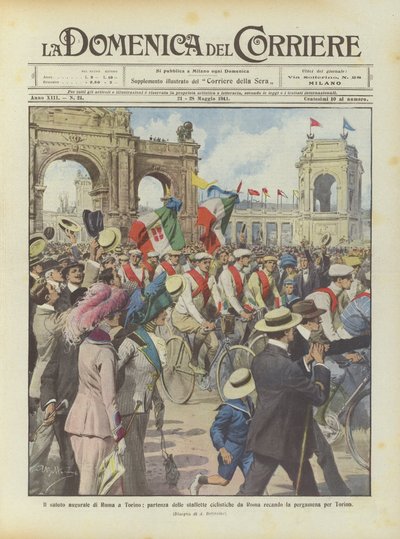 De groet van Rome aan Turijn, vertrek van de fietsestafettes uit Rome met het perkament voor Turijn door Achille Beltrame