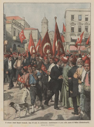De sultan Abdul Hamid herstelt na 32 jaar de grondwet, vreugdevolle manifestaties door Achille Beltrame