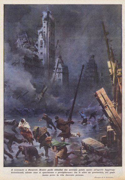 De aardbeving in Boekarest door Achille Beltrame