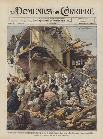 De aardbeving in Calabrië, een meisje nog levend onder het puin van een huis gehaald door Achille Beltrame