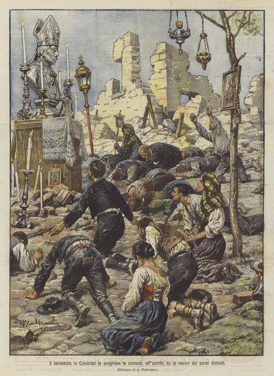 De aardbeving in Calabrië, gemeenschappelijke gebeden in de open lucht op de ruïnes van de verwoeste dorpen door Achille Beltrame