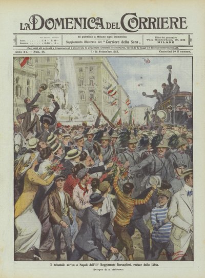 De triomfantelijke aankomst in Napels van het 11e Bersaglieri Regiment, teruggekeerd uit Libië door Achille Beltrame