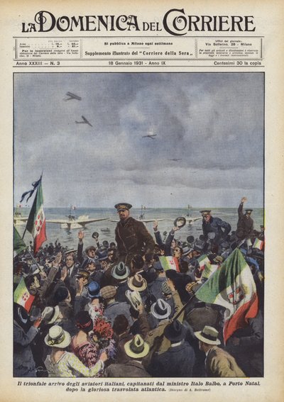 De triomfantelijke aankomst van de Italiaanse vliegers, geleid door minister Italo Balbo, in Porto Natal door Achille Beltrame