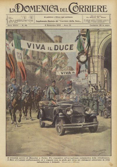 De triomfantelijke aankomst van Mussolini in Turijn door Achille Beltrame