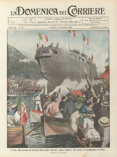 De tewaterlating, in aanwezigheid van de vorsten, van het grote slagschip Dante Alighieri van de werf van Castellammare di Stabia door Achille Beltrame