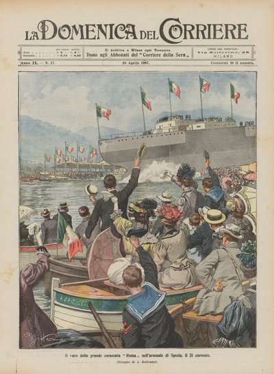 De tewaterlating van het grote slagschip Roma in de werf van Spezia op de 21e door Achille Beltrame
