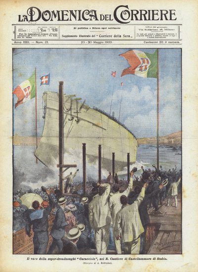De tewaterlating van de super-dreadnought Caracciolo in de R. Werf van Castellammare di Stabia door Achille Beltrame