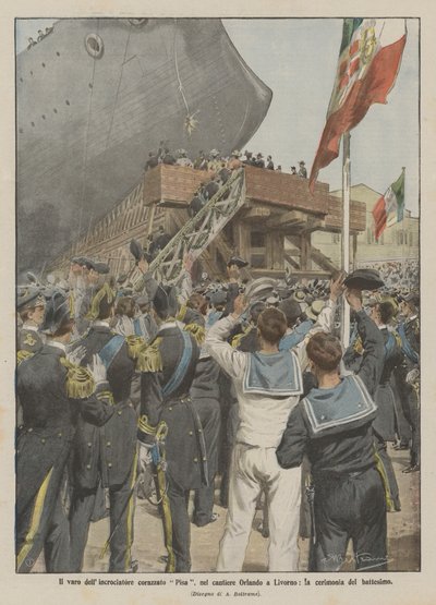 De tewaterlating van de gepantserde kruiser Pisa, in de Orlando-werf in Livorno, de doopceremonie door Achille Beltrame