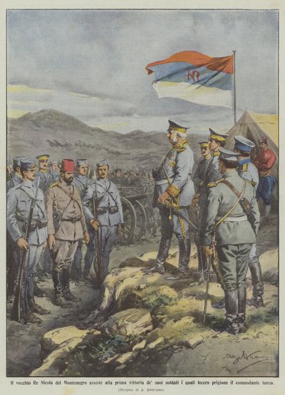 De oude koning Nicola van Montenegro woont de eerste overwinning van zijn soldaten bij, die door Achille Beltrame