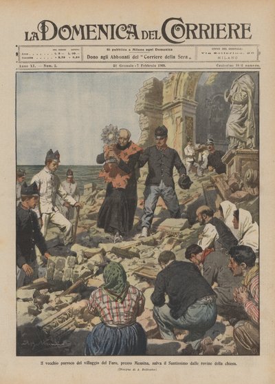 De oude pastoor van het dorp Faro bij Messina redt het Allerheiligste uit de ruïnes van de kerk door Achille Beltrame