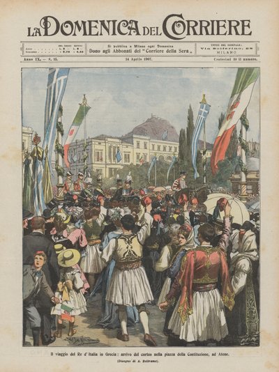 De reis van de koning van Italië naar Griekenland, aankomst van de stoet op het Syntagmaplein in Athene door Achille Beltrame