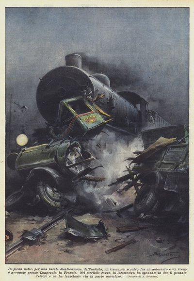 In het holst van de nacht, door een fatale onoplettendheid van de chauffeur, een vreselijke botsing tussen een vrachtwagen door Achille Beltrame