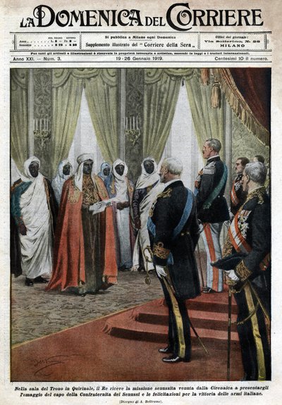 In de troonzaal van het Quirinaal Paleis ontving de Italiaanse koning Victor Emmanuel III (Victor Emmanuel) (Vittorio Emanuele) de Senousist missie van de Cyrenaica (in Libië) die hulde en felicitaties kwam brengen voor de overwinning van de Italiaanse tro door Achille Beltrame