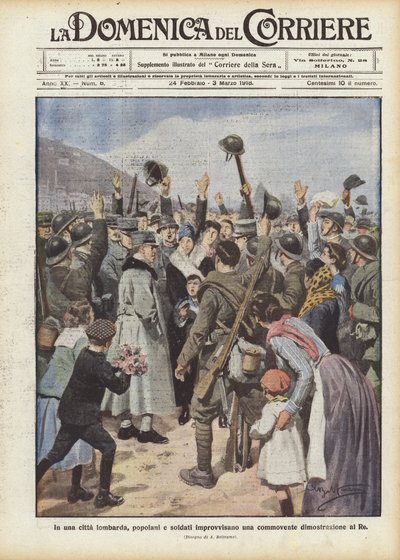 In een Lombardische stad improviseren burgers en soldaten een ontroerende demonstratie voor de koning door Achille Beltrame