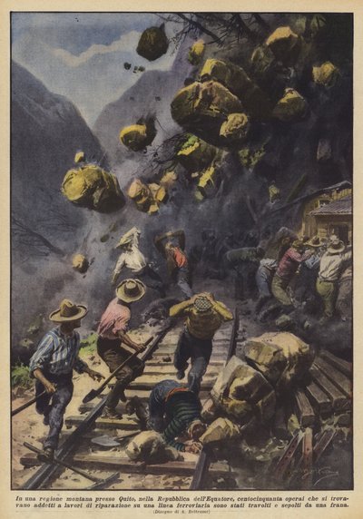 In een bergachtig gebied bij Quito, in de Republiek Ecuador, honderdvijftig arbeiders die... door Achille Beltrame