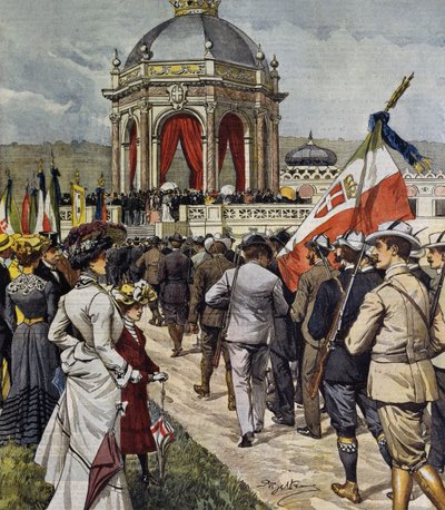 Inhuldiging van IV schietwedstrijd op Farnesina polygon, Rome, Italië, illustratie door Achille Beltrame uit La Domenica del Corriere, 25 mei door Achille Beltrame
