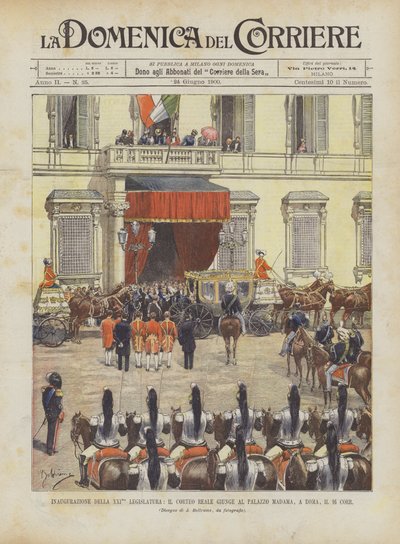 Inhuldiging van de XXIste Wetgevende Macht, De Koninklijke Stoet Arriveert bij het Palazzo Madama in Rome, op de 16e Corr door Achille Beltrame