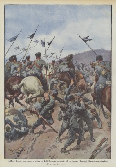 Incidenten tijdens een tactische manoeuvre op de Euganean Hills, cavalerie van het Lancieri Milano regiment tegen fuseliers door Achille Beltrame