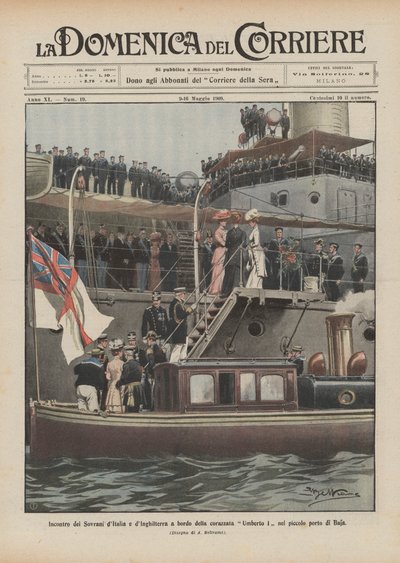 Ontmoeting van de koningen van Italië en Engeland aan boord van het slagschip Umberto I in de kleine haven van Baja door Achille Beltrame
