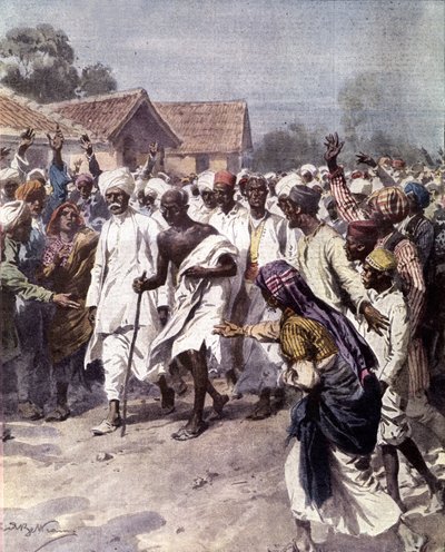 De Indiase politieke leider en spirituele gids Mohandas Karamchand Gandhi (1869-1948) (Mahatma) begon op 12/03/1930 een zoutmars om de onafhankelijkheid van India van de Britten te verkrijgen. Illustratie van Achille Beltrame uit 