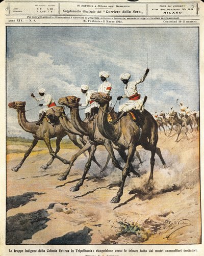 Inheemse troepen uit de Eritrese kolonie in Tripolitanië, illustrator Achille Beltrame, uit La Domenica del Corriere, 25 februari 1912 door Achille Beltrame