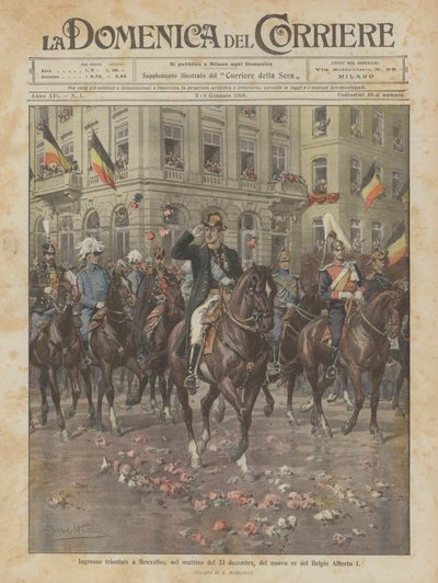 Triomfantelijke intocht in Brussel, op de ochtend van 23 december, van de nieuwe koning van België Albert I door Achille Beltrame