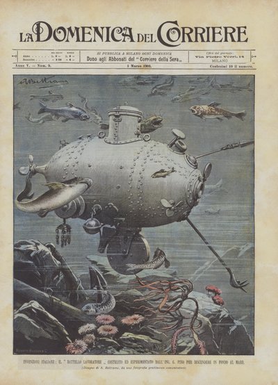 Italiaanse uitvindingen, de werkboot gebouwd en getest door ingenieur G. Pino door Achille Beltrame