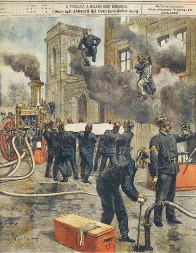 Italiaans brandweercongres en demonstratie in Arena in Milaan, door Achille Beltrame (1871-1945), uit La Domenica del Corriere, 24 september 1899 door Achille Beltrame