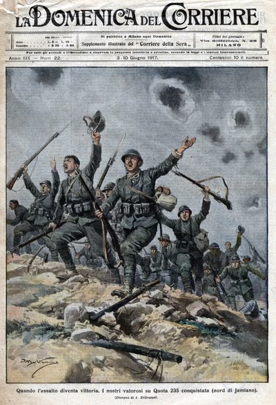 Italiaans leger overwint Oostenrijks-Hongaarse troepen op de Karstbergen in Slovenië. De Italianen vorderden zo richting Triëst. Ill. de Beltrame. La Domenica del Corriere. 06/1917 door Achille Beltrame