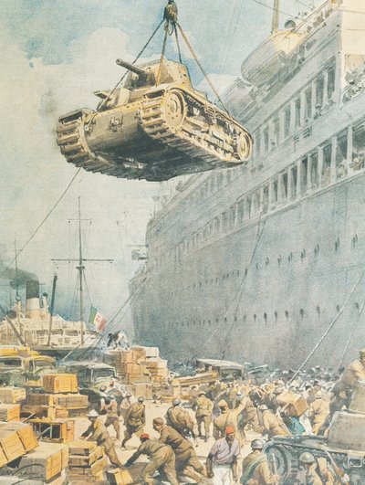 Italiaans konvooi dat zijn bestemming bereikt in Libië, door Achille Beltrame, illustratie door Achille Beltrame