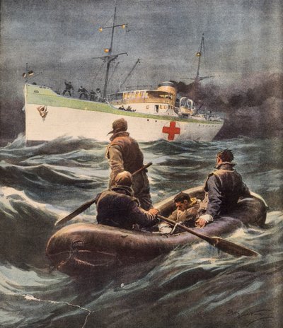 Italiaans hospitaalschip redt vier Duitse vliegeniers die neergeschoten waren, illustratie uit La Domenica del Corriere, 23 februari door Achille Beltrame