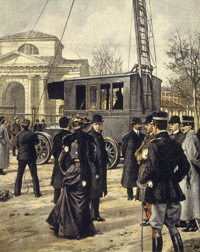 Italiaanse natuurkundige Guglielmo Marconi woont experimenten bij met eerste mobiele radiostation in Milaan, 30 december door Achille Beltrame
