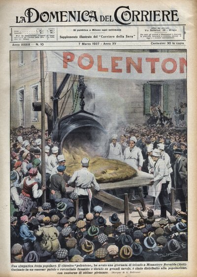 Italiaans volksfeest: polenta geante (polentone) georganiseerd in een stad nabij Asti in Veneto. Illustratie van Achille Beltrame in 