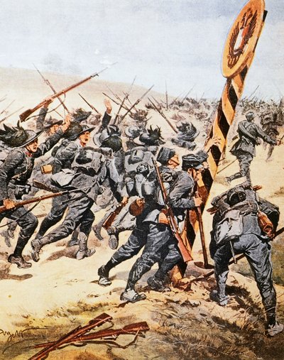 Italiaanse soldaten steken Oostenrijkse grens over, illustratie uit La Domenica del Corriere, juni 1915 door Achille Beltrame