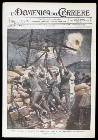 Italiaanse soldaten plaatsen Friese hengst in loopgraaf, plaat door Achille Beltrame voor Domenica del Corriere, 2-9 april 1916, Eerste Wereldoorlog, Italië, 20e eeuw door Achille Beltrame