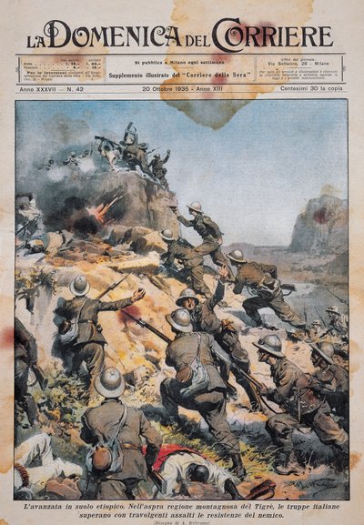 Italiaanse troepen oprukkend op Ethiopische bodem, illustratie uit La Domenica del Corriere, 20 oktober door Achille Beltrame