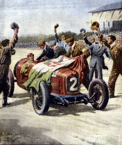 Italiaanse overwinning bij de 3e Europese Motor Grand Prix: de monteurs van Ascari tonen de driekleurige vlag op de auto. Ill. de Beltrame. "La Domenica del Corriere". 07/1925. door Achille Beltrame