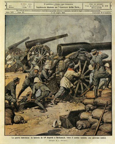 Italiaans-Turkse Oorlog, batterijvuur van Kanon nr. 149 verjaagt een vijandelijke karavaan bij Bu-Kamek richting de Tunesische grens, illustrator Achille Beltrame, uit La Domenica del Corriere, 7 juli 1912 door Achille Beltrame