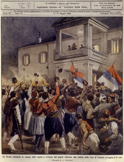 Koning Nicolaas I van Montenegro voor een menigte in Cettigne na de overgave van de stad Shkoder, 4 mei door Achille Beltrame