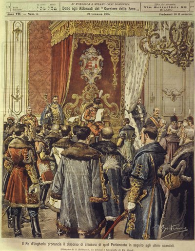 Koning van Hongarije kondigt ontbinding van het parlement aan na het laatste schandaal, 22 januari door Achille Beltrame