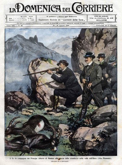 Koning van Italië Victor Emmanuel III (Vittorio Emanuele) met Prins Albert I van Monaco jagen op de steenbok. Omslag van de Domenica del Corriere van 14 augustus 1910 door Achille Beltrame