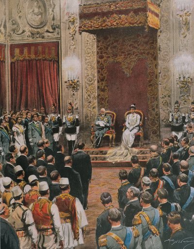 Koning van Italië, Vittorio Emanuele III van Savoye, gekroond tot Koning van de Albanezen, door Achille Beltrame, illustratie, Illustrator Achille Beltrame, uit La Domenica del Corriere door Achille Beltrame
